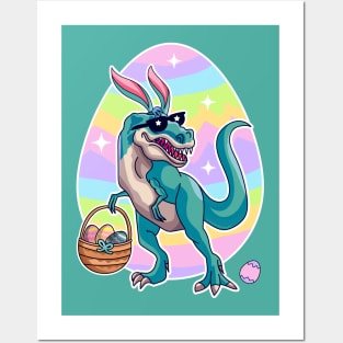 T Rex Easter Bunny With Eggs Basket Funny Dinosaur Boys Kids Posters and Art